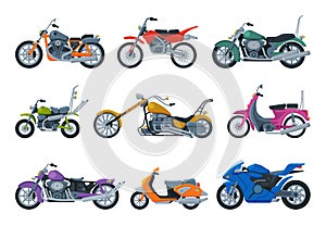 Modern and Retro Motorcycles and Scooters Collection, Motor Bike Vehicles, Side View Flat Vector Illustration