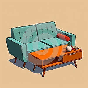 Modern Retro-style 3d Drawing Of Coffeetable And Couch photo