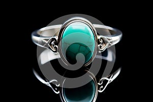 Modern ring with a large turquoise stone in a silver setting on the black background