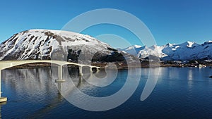 Modern road bridge. Bridge over a fjord in Norway on the Lofoten Islands. Atlantic Road. One of the most beautiful and