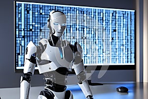 A modern robot analyzing complex data on a digital screen, perfect for tech and AI concepts