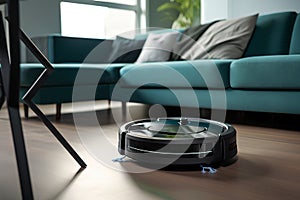 Modern robot electric black vacuum cleaner on the floor in the room.