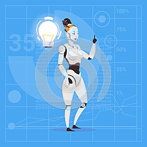 Modern Robot Female With Light Bulb Futuristic Artificial Intelligence Technology Innovation Concept