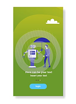 Modern robot holding umbrella over businessman protection artificial intelligence mechanism technology assistant concept