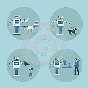 Modern Robot Icon Set Futuristic Artificial Intelligence Mechanism Housekeeping Technology