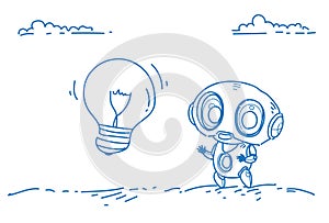 Modern robot inspiration light bulb innovation creative idea artificial intelligence technology concept sketch doodle