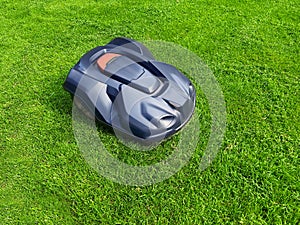 Modern robot lawn mower on green grass in garden