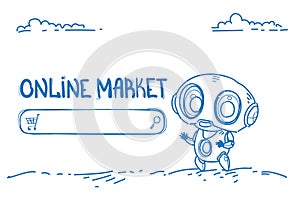 Modern robot online market website bot helper e-shopping commerce concept artificial intelligence horizontal sketch