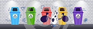 Modern robot putting garbage bags in different types of recycling bins segregate waste sorting management artificial