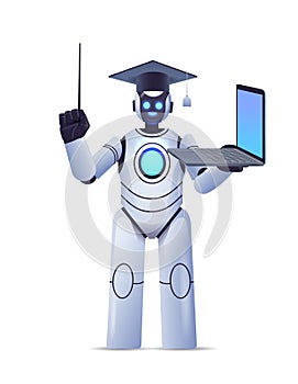 modern robot teacher in graduation cap holding laptop online education artificial intelligence concept