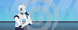 Modern robot thinking humanoid holding hand chin pondering artificial intelligence digital technology concept cartoon