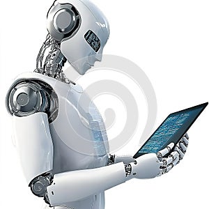 Modern robot using a digital tablet with programming code displayed
