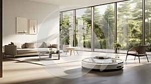 A modern robot vacuum cleaner autonomously navigating on a colorful stylish living room carpet