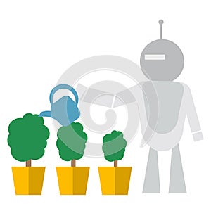 Modern Robot Watering Flowers Technology Concept Flat Vector Illustration