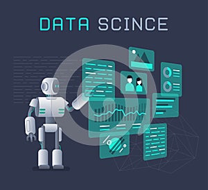 Modern robot working with analytics data pie charts and graphs flat illustration