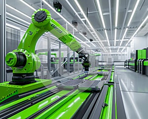 Modern Robotic Arm in an Automated Industrial Assembly Line Environment with Green Accents and Fluorescent Lighting