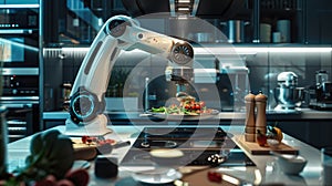 A modern robotic arm in a sleek kitchen setting serving a plate of spaghetti with tomato and basil