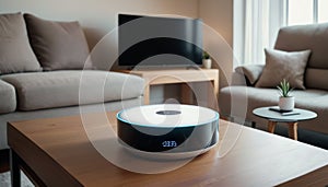 Modern Robotic Vacuum on Living Room Table photo
