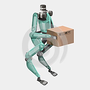 Modern robots delivery methods. Biped robot with box and fast delivery of goods in the city. Technological shipment photo