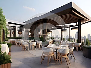 A modern rooftop restaurant with a city view