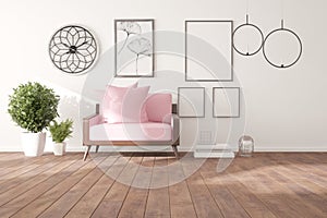 Modern room with armchair,lamp,plant and pillows.3D illustration