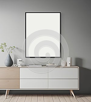 Modern room with frame and comod in grey color. AI photo