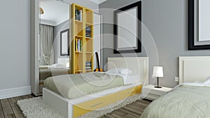 Modern room, grey walls, yellow bookcase, twin bed with photo frame interior design 3D rendering