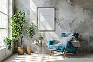 modern room interior with blank white picture frame, blue armchair, coffee table and house plant against a gray wall with sunlight
