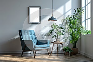 modern room interior with blank white picture frame, blue armchair and house plant against a gray wall with sunlight from large