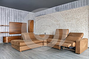 Modern room interior concept, stylish decorative couch. Mobile supported mobile sofa, home furniture seating group