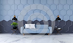 Modern room interior design, blue fabric sofa on marble flooring and blue with black Hexagon Mesh wall /3d render
