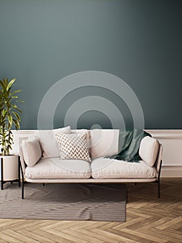 Modern Room Interior design with Sofa. Green Wall and Wooden floor. room mockup stylish living room interior