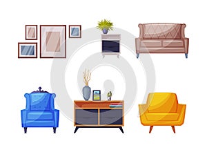 Modern Room Interior Items with Sofa, Pictures on Wall and Cabinet Vector Set