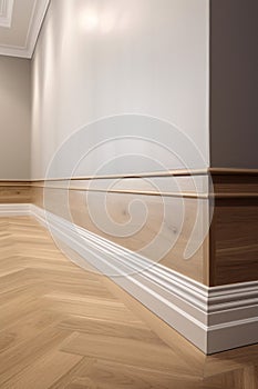 Modern room interior with wooden floor and white wall. Baseboard and wood paneling on the walls.