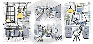 Modern room interiors in loft style. Set of hand drawn colorful illustration.