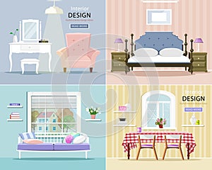 Modern room interiors set. Stylish graphic living room, bedroom and dining room. Vector illustration.
