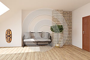 Modern room with love seat sofa,plant interior design. 3D illustration