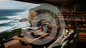 A modern room with panoramic windows, opening an amazing view of the endless ocean, as if an inv