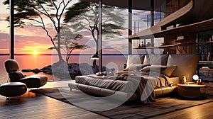 A modern room with panoramic windows, opening an amazing view of the endless ocean, as if an invi