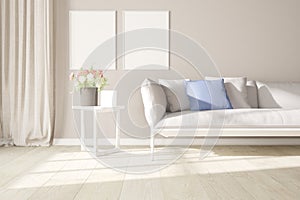 Modern room with sofa,pillows,table with flower and frame and curtains.3D illustration