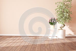 Modern room with table,flower,plant.3D illustration