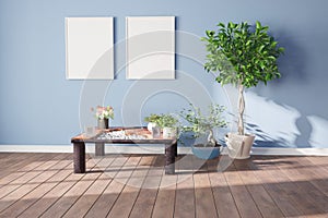 Modern room with table,plants,white empty frames.3D illustration