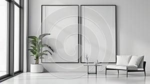 Modern room with two big empty picture frames created with Generative AI.