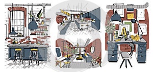 Modern rooms interiors in loft style. Set of hand drawn colorful illustration.