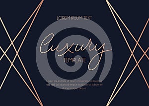 Modern rose gold card with abstract lines and navy blue background. Trendy geometric shapes for wedding, invitation etc photo