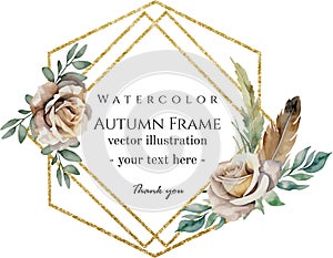 Modern roses and feather wedding invitation card, vector template with watercolor floral frame, gold geometric borders