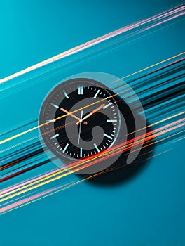 Modern round clock with motion blur light streaks on blue background