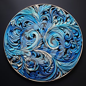 Modern Round Painting With Blue Wood And Gold Leaf