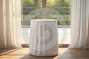 Modern Round Wooden Side Table with White Drapery Curtain in Sunlit Contemporary Setting