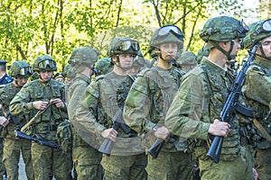Modern Russian soldiers regiment in readiness with assault rifles Kalashnikov